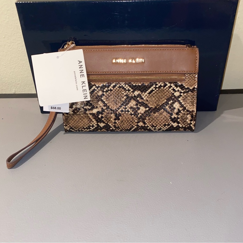 Anne Klein Wallet Wristlet, Color: Chestnut Brown, Faux Snake Skin Design - Picture 1 of 12
